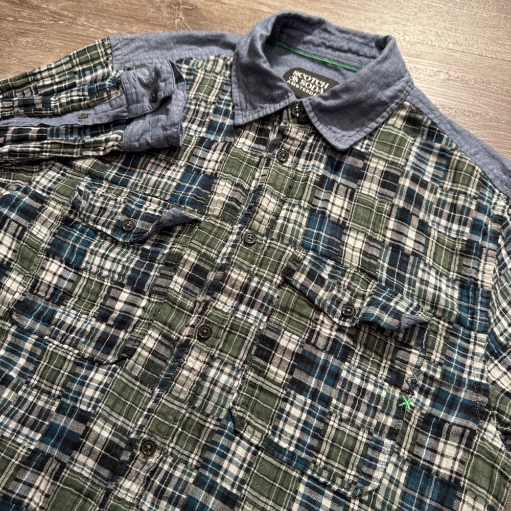 Scotch & Soda Shirt Mens M Green Cotton Patchwork Plaid Relaxed Casual Preppy